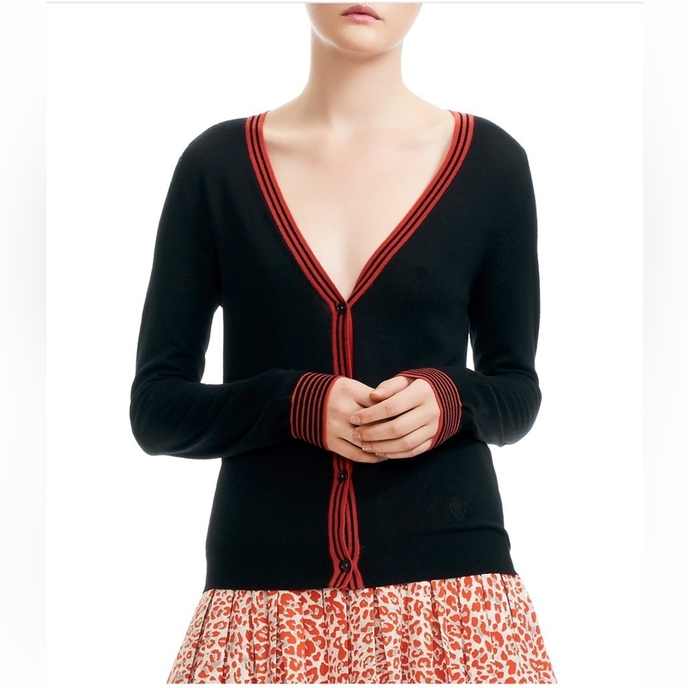 NWOT MAJE 100% Wool black v-neck cardigan with red stripes trim size 1 ( US S)